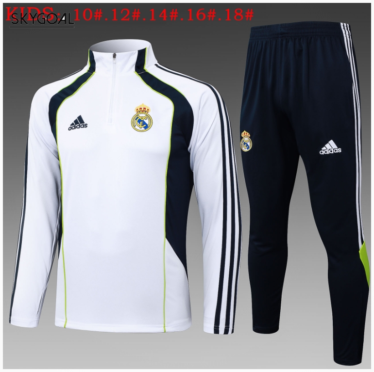 Survetement Real Madrid 2025/26 White With Dark Bule Half Zipper - Enfants