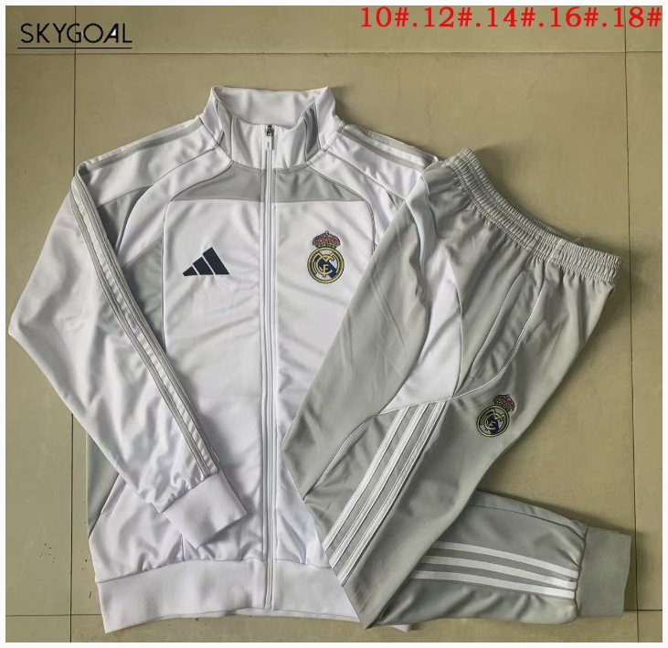 Survetement Real Madrid 2025/26 White With Gray Long Zipper - Enfants