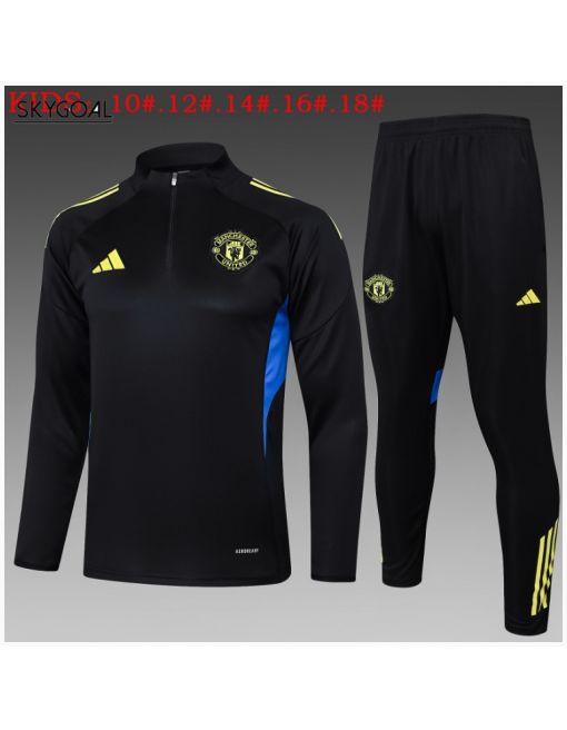 Survetement Manchester United 2025/26 Black With Yellow Half Zipper - Enfants