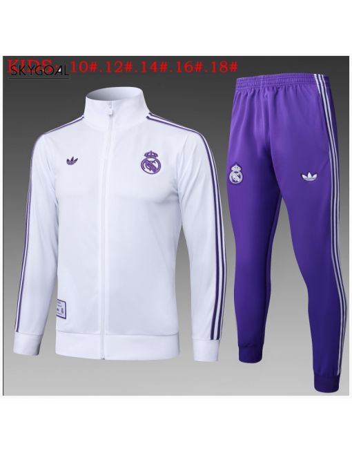 Survetement Real Madrid 2025/26 Retro White Long Zipper - Enfants