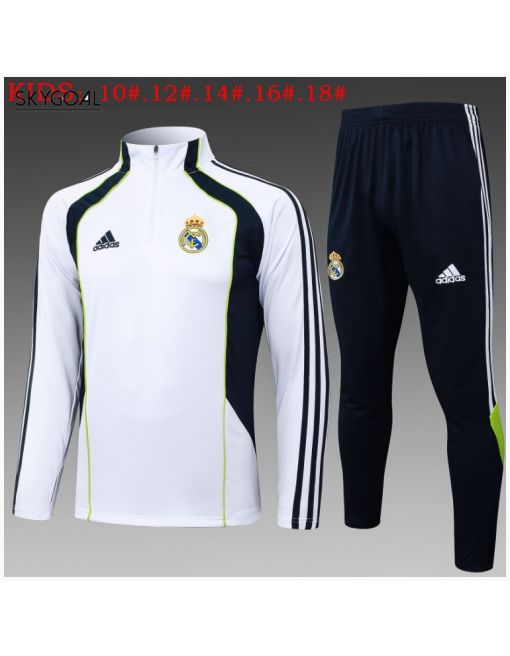 Survetement Real Madrid 2025/26 White With Dark Bule Half Zipper - Enfants