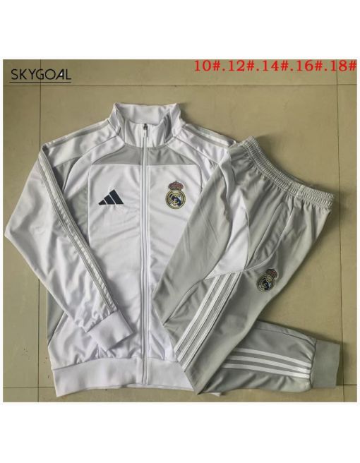 Survetement Real Madrid 2025/26 White With Gray Long Zipper - Enfants