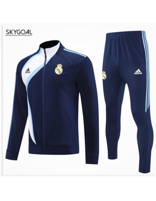 Survetement Real Madrid 2025/26- Dark Bule With White Retro Cremallera Larga